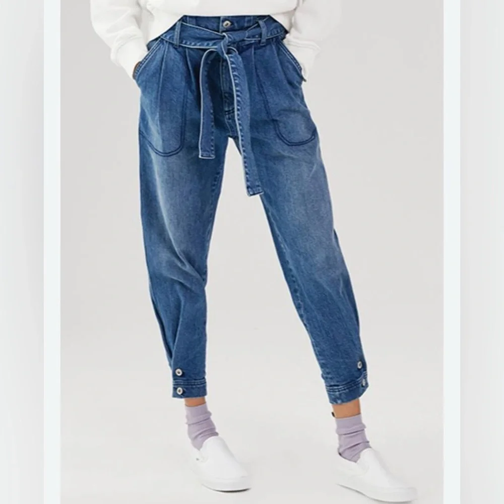 Something Navy June Tie Waist Denim Jeans High Rise Medium Wash Size 0